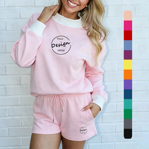 Conjunto de Sudadera y Pantalones Cortos de Cuello Alto Personalizados para Mujer, de Felpa Suave/Felpa Francesa, Oversize, de Algodón - Product Image 1