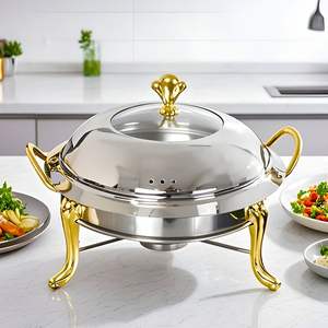 DB 2X Round Buffet Chafing <b>Dish</b> Stainless Steel <b>with</b> Gold Accents <b>Glass</b> Top <b>Lid</b> for Party Tableware & Decorations - Product Image 1