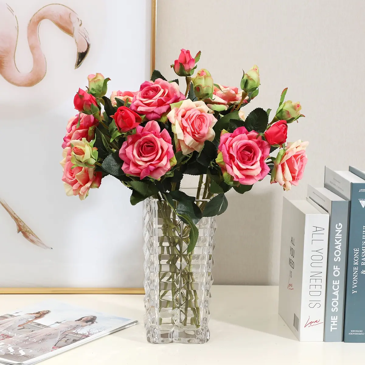हल्के विलासिता 2 सिर मोस्ट गुलाब सिमुलेशन गुलदस्ता होटल घर लिविंग रूम बेडरूम कृत्रिम फूल सजावट