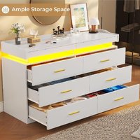 Commode bébé blanche haute brillance commode avec lumière led pour chambre à coucher, commode 6 tiroirs haute brillance avec rangement