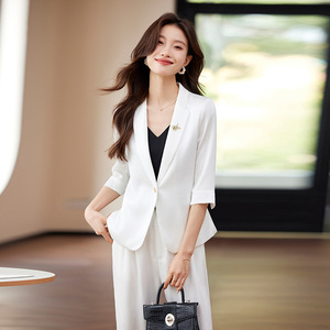 Pink Women's Summer Suit Set Three Quarter Sleeve Satin Office Lady Professional Casual Breathable Polyester Fabric - Product Image 2