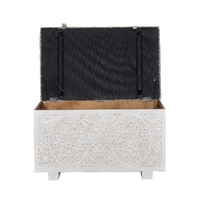 Banc de rangement sculpté à la main - Banc de bout de lit en tissu capitonné - Coffre de rangement en bois massif blanc patiné - Style shabby chic sculpté