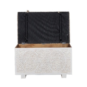 Hand-Carved Storage Ottoman Bench -Tufted Fabric Top Bed- End Chest- White Washed Solid Wood Entryway Trunk - Shabby Chic Carved - Product Image 5