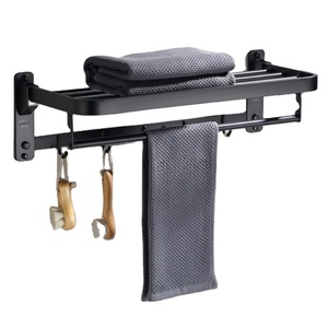 JIAHE Double Layer Towel Rack Wall Mounted Black Stainless Steel Bathroom Storage <b>Shelf</b> with Hooks and Organizer 60cm+ - Product Image 1
