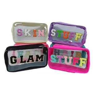 Hot Selling Nylon Embroidered Letter Cosmetic Bag Large Capacity Travel Storage Bag PVC Makeup Punch Bag
