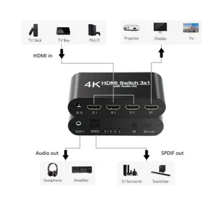 Hot selling HDMI Switch 1.4 4K 3x1 Adapter Switcher with Audio Extractor 3.5 jack optical fiber cable splitter for HDTV PS4