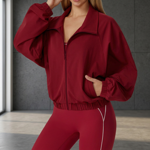 Conjunto Deportivo de 2 Piezas para Mujer, Tejido de Spandex y Nailon, Color Sólido, Cuello Alto, Manga Larga, Top Corto con Bolsillo - Product Image 4