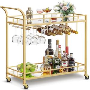 2-laags gouden barwagen met wielen, rek voor wijnglazen en flessen, woonkamer, eetkamer, keuken, trolley, eenvoudige montage met duwstang - Product Image 1
