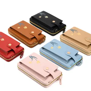 Custom New Style Fashion PU Leather Cell Phone Shoulder Pocket Wallet Pouch Mobile Phone Bag Case with Neck Strap Phone Bag
