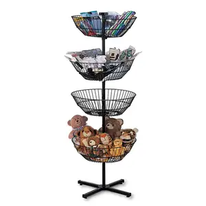 4-Baskets Metal tel Spinner vitrin rafı ve döşeme çöp kutusu depolama perakende mağazaları için harika standı