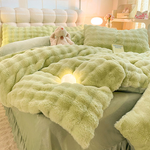 Rabbit Fur Milk Fleece Bedding Set Winter Thickened Warm Duvet Cover Pillowcases Bed Skirt Princess Style Stripe Pattern - Product Image 4