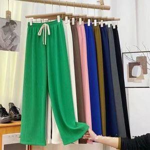 Nuovi <span class=keywords><strong>Pantaloni</strong></span> Lunghi da Donna in Maglia <span class=keywords><strong>a</strong></span> <span class=keywords><strong>Costine</strong></span>, Gamba Larga, Casual, Primavera Estate, Alta Elasticità, con Coulisse, Vestibilità Morbida e Dritta - Product Image 1