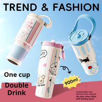 Vaso Térmico de Acero Inoxidable con Diseño de Dibujos Animados, Antiderrames, Gran Capacidad de 900 ml, Asa Portátil, Pajita Metálica, para Viajes