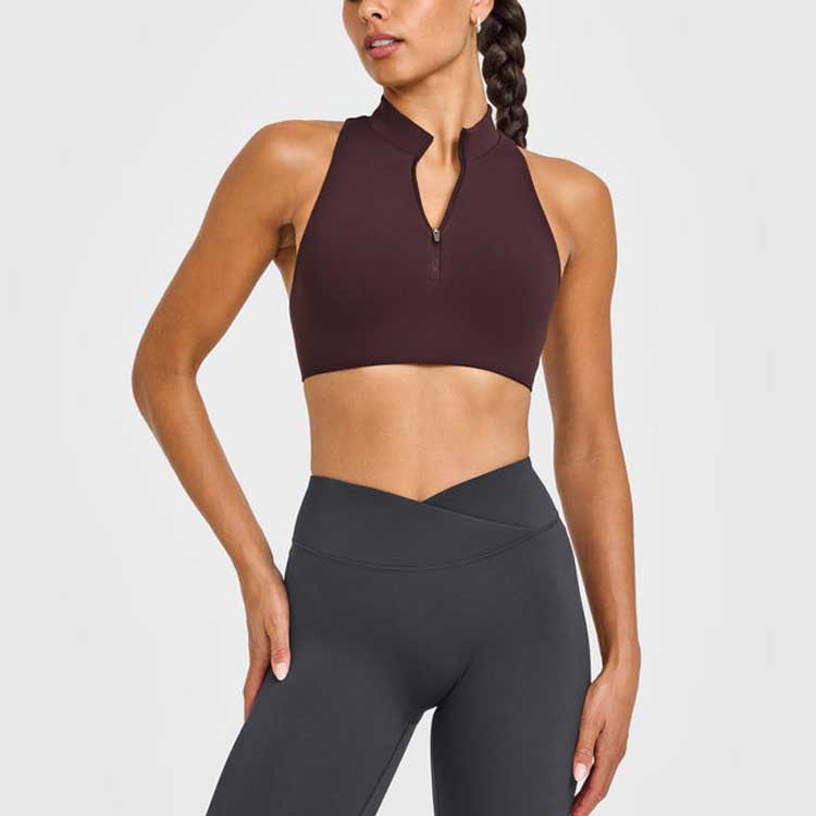 Custom Logo Plus Size Front Women Fitness Yoga Crop Top Racerback Removable Padded Sculpt Stretch Half Zip High Neck Sports Bra