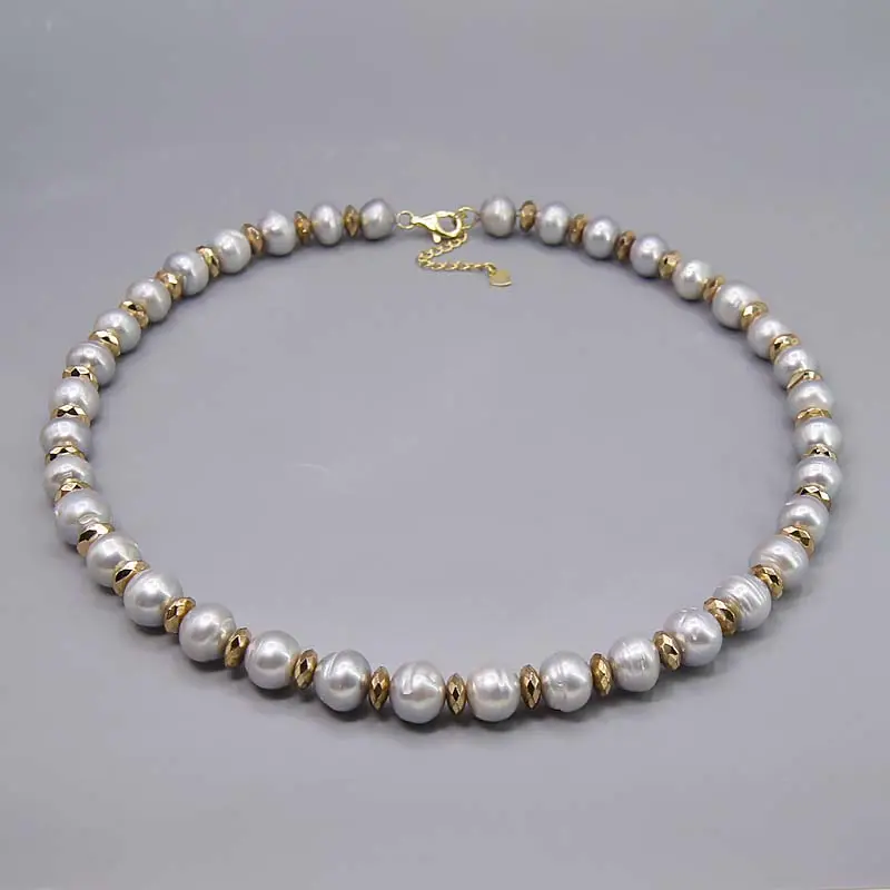 Handmade Big Chunky Statement Gold Gemstone Grey Pearl Costume Necklace Jewelry