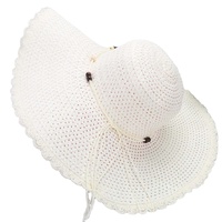 Chapeau de soleil d'été en perles de bois et dentelle pour femmes Chapeau de paille souple à large bord pour la plage, coupe-vent pour l'extérieur, les voyages occasionnels.