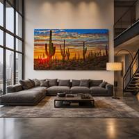 Grande toile panoramique représentant un coucher de soleil sur des cactus saguaro d'Arizona, paysage désertique, décoration murale pour salon, chambre à coucher, bureau