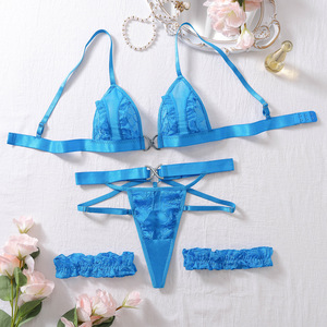 Sexy lingerie set in Franse stijl met machineborduurwerk, doorschijnende bh zonder rug, slip en beenkousen, milieuvriendelijk driedelig set - Product Image 6