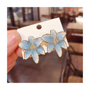 New Personality Niche Trendy Gold-Plated Stud Earrings Blue Drop Glaze <b>Flower</b> <b>Sweet</b> Temptation Fashionable Earrings - Product Image 2
