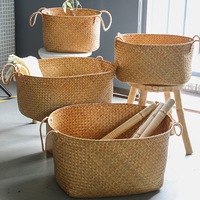 Panier de rangement en jonc de mer tressé à la main avec poignées, panier à linge naturel, rangement pour jouets, décoration vintage pour salon