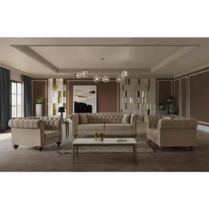 Monetta Velvet Chesterfield Sofa Set in Beige