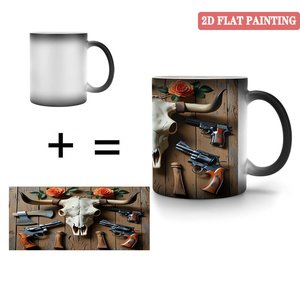 Mug en céramique noir givré de 11 oz, tasse magique changeante de couleur avec motif de crâne occidental et pistolet, peinture 2D plate - Product Image 4
