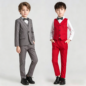 Completo Abito da Cerimonia per Bambini 2026: Completo da Bambino per Spettacoli, Abito da Damigella d'Onore, Stile Inglese in Misto Cotone Rosso - Product Image 2
