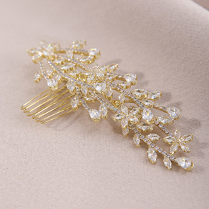 Peigne à <span class=keywords><strong>cheveux</strong></span> de mariée vintage en cuivre plaqué or avec zircone cubique 5A taille marquise en forme de feuille, accessoire de coiffure de <span class=keywords><strong>mariage</strong></span> pour chignon de mariée - Product Image 4