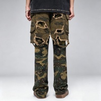 SOONREE Pantalon Camouflage Homme Personnalisé de Haute Qualité, Jean à Rayures Superposées et Paillettes, Cargo Effet Vieilli, Vente Directe Usine