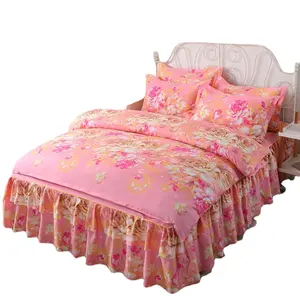 印花实心床上用品套装家居床上用品套装床裙、被套、枕套4pcs高品质可爱图案带花