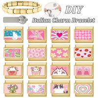 Set Gelang DIY Baja Anti Karat Bertema Pink dengan Hiasan Bunga, Hewan, Huruf, Kreatif, Dapat Disesuaikan, Bergaya, untuk Pemakaian Sehari-hari