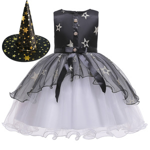 Halloween Witch Costume Dress For Girls With Hat Black Star Print Tulle Skirt Cosplay Performance Outfit - Product Image 4