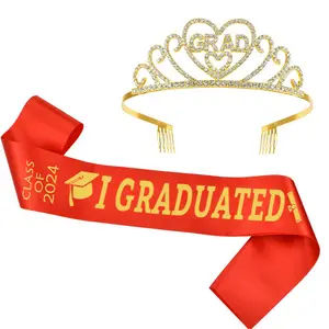 Coroa de metal brilhante para formatura, tiara e faixa com letras para decoração de festas de formatura