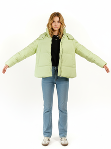 جاكيت نسائي مبطن بالريش مع خطوط، معطف شتوي بغطاء رأس، فتحة جانبية مع حافة منحنية مرنة، جاكيت منفوخ - Product Image 2