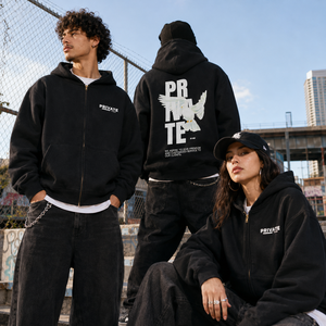 Sudadera con capucha negra con cremallera para hombre y mujer, oversize, de algodón grueso, con estampado gráfico de paloma de Private Studio, estilo streetwear Y2K, personalizada. - Product Image 2