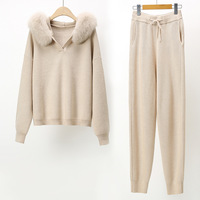 Ensemble de deux pièces en tricot, pull oversize, cardigan avec col en fourrure, ensemble de pulls à capuche