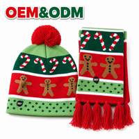 Ensemble écharpe et bonnet tricotés personnalisés en jacquard, motif canne à sucre et pain d'épices, avec pompons et franges assorties, cadeau d'hiver pour la famille, unisexe, chaud
