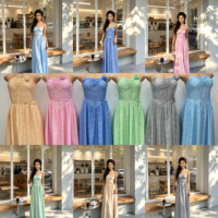 Robe longue décontractée sans manches pour femme, style empire, à rayures romaines et décoration florale sur la poitrine, dernière mode été 2026, vente en gros