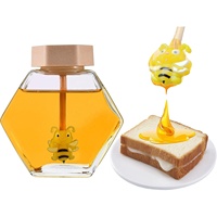 빈 100ml /220ml /380ml 육각 유리 꿀 항아리 나무 대나무 뚜껑 교반 막대 유리 꿀 항아리 부엌 저장 용 꿀 항아리