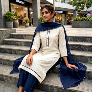 Conjunto de traje salwar bordado en azul marino para mujer de Prayosha Enterprise con kurta con estampado botánico, pantalones a juego y dupatta, India. - Product Image 1