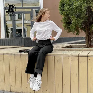 JBeiL 2022 Baru Celana Mengepel Hitam Longgar Pinggang Tinggi Menggantung Celana Wanita Lebar Kaki Celana Setelan Komuter Celana Musim Gugur dan Musim Dingin