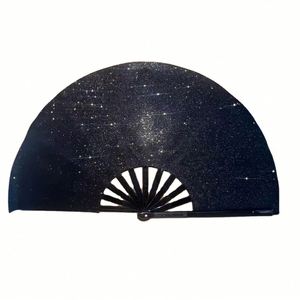 Abanico de Kung Fu Ecológico Grande de 33 cm, Artesanía de Bambú con Brillantina, Pintado a Mano, Artículo Promocional para Fiestas - Product Image 1