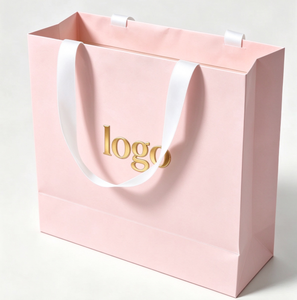 Pink Rectangle Paper Bag With White Ribbon Handle Gold Logo Printing Luxury Reusable Shopping Gift Packaging - Product Image 1