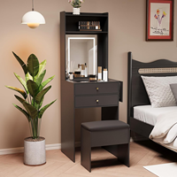 Ensemble de vanité avec miroir éclairé réglable et chaise de rangement petite table de maquillage noire pour chambre à coucher avec panneau pliable