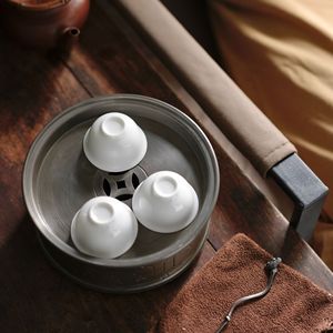 <b>Tin</b> Tea <b>Tray</b> Round Pot Stand For Kung Fu Tea Set With Water Storage Ancient <b>Tin</b> Color Porcelain Teacups Included - Product Image 1