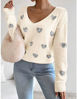 Valentine Sequin Coeur Broderie Tricot Col V Manches Longues Épaule tombante Doux Pull Pull Femmes