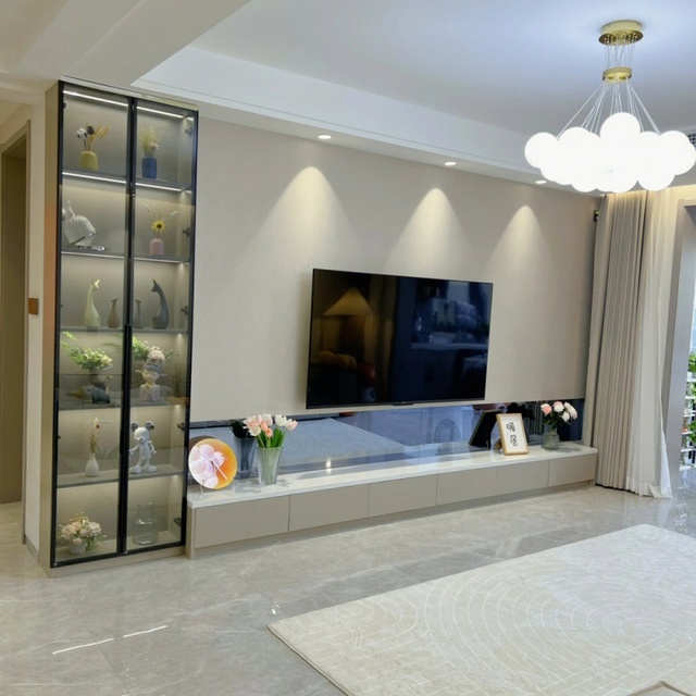 A Bespoke Modern Living Room Bedroom TV Stand Featuring a Minimalist Glass Unit with Luxurious Marble Finish Ample Storage Space