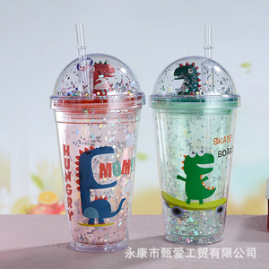 Double Layer Cartoon Dinosaur Straw <b>Cup</b> With Lid And Straw For Kids Summer <b>Drink</b> <b>Cup</b> 500Ml Party Use - Product Image 1