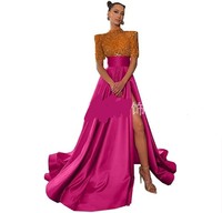 S0530R Nouveau Design Tempérament Mince Banquet Nouveau Style Demi Manches Formelle Paillettes A-ligne Satin Longue Fente Robe De Soirée