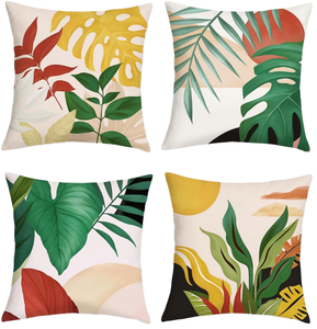 Juego de 4 Fundas de Almohada de Lino con Diseño de Hojas Tropicales Modernas, 18x18, Decoración Abstracta de Atardecer de Verano, para Hotel, Terraza, Sofá, Uso en Exteriores - Product Image 1